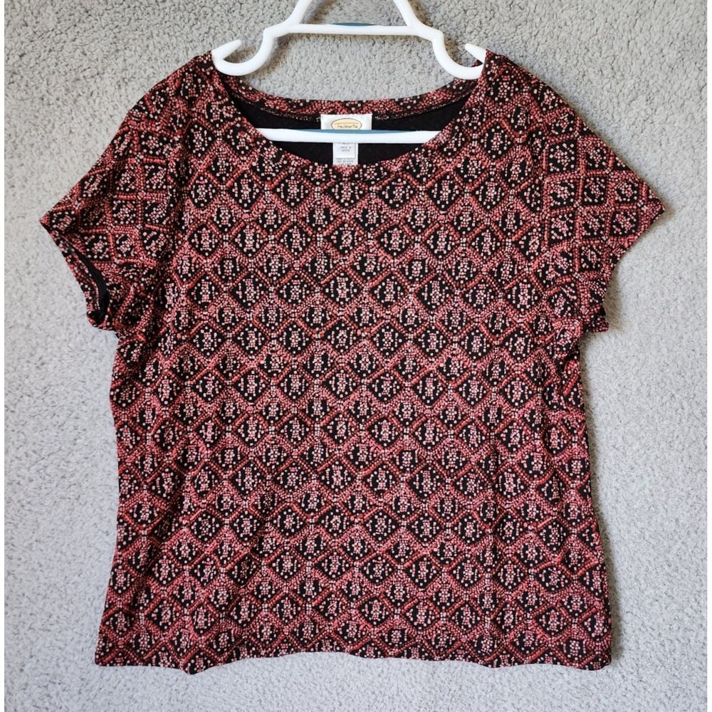 Talbots Mesh Knit Top Women XL Geometric Diamond Short Sleeve Scoop Neck